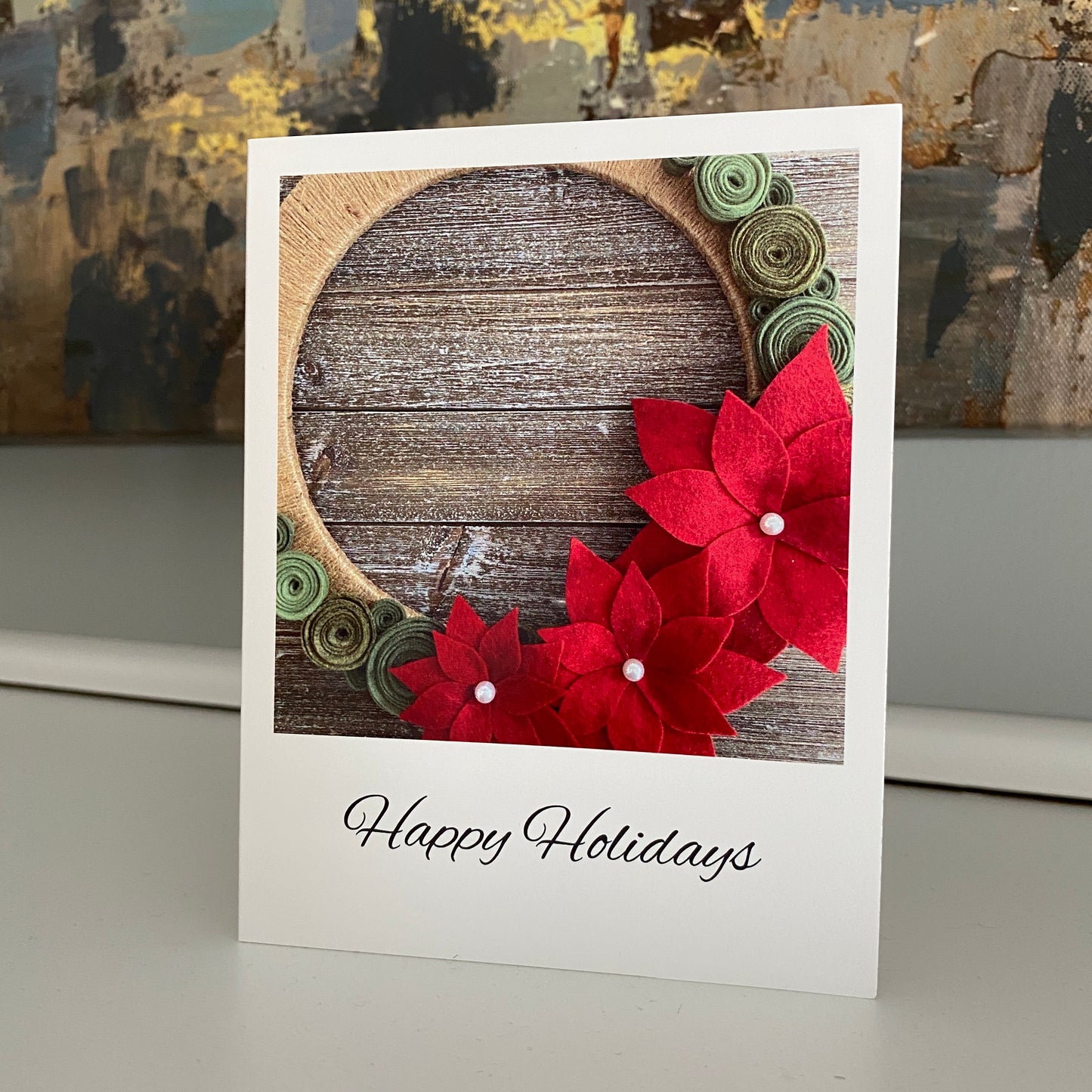 Greeting Cards - 5pc Set of Blank Holiday Cards - Happy Holidays Red Poinsettia Wreath
