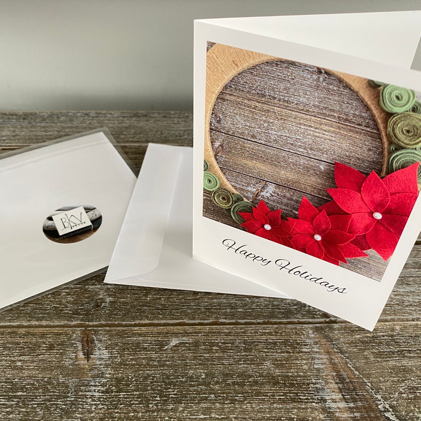 Greeting Cards - 5pc Set of Blank Holiday Cards - Happy Holidays Red Poinsettia Wreath
