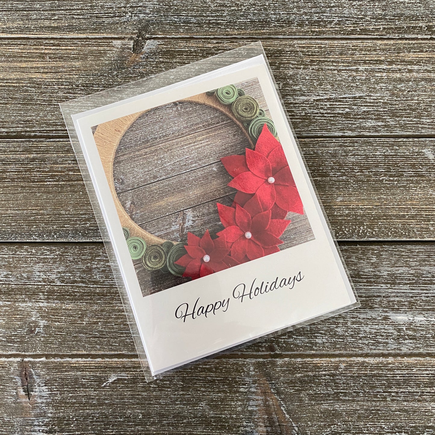 Greeting Cards - 5pc Set of Blank Holiday Cards - Happy Holidays Red Poinsettia Wreath