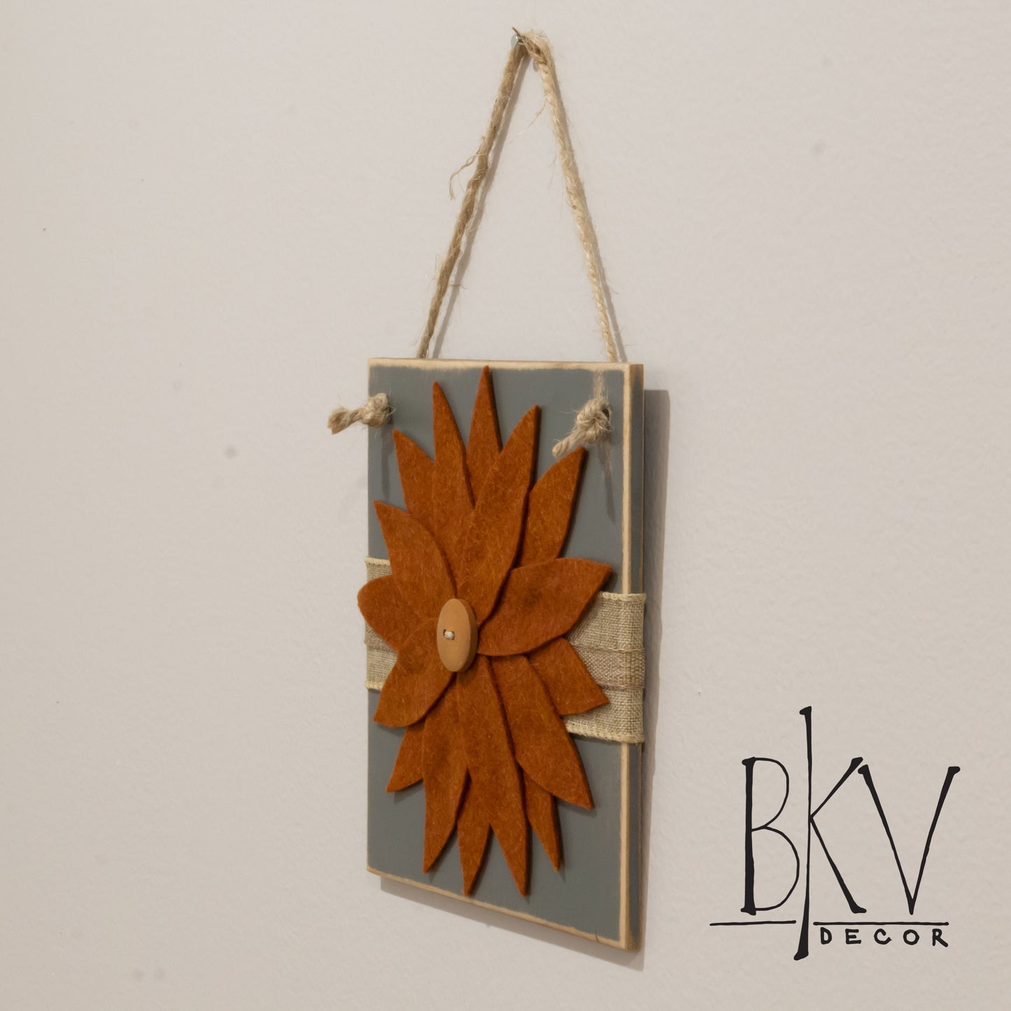 Felt Flower Wall Decor - Gray Painted Wood Tile with Rust Orange Felt Flower