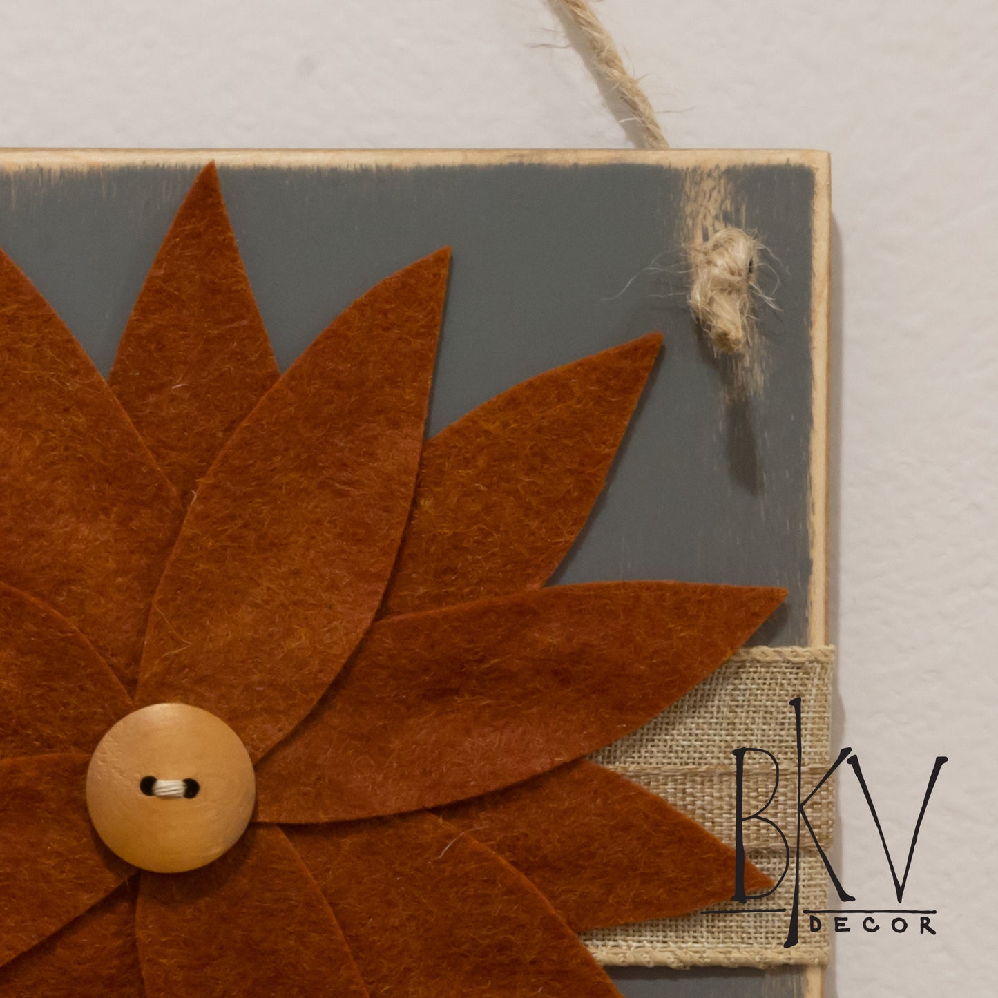 Felt Flower Wall Decor - Gray Painted Wood Tile with Rust Orange Felt Flower