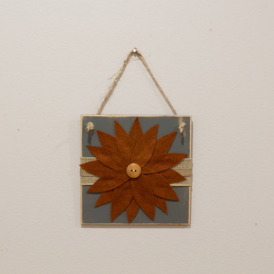 Felt Flower Wall Decor - Gray Painted Wood Tile with Rust Orange Felt Flower