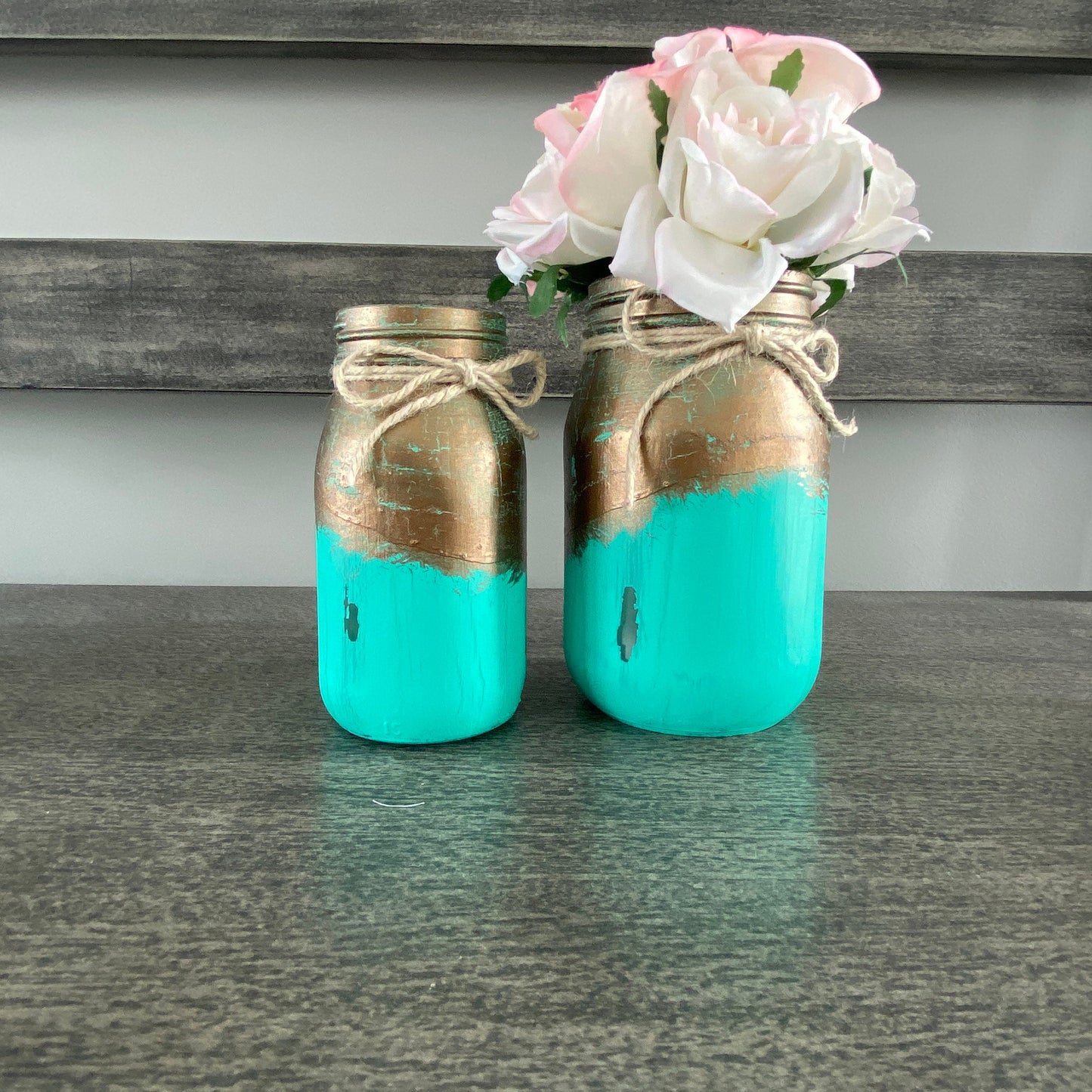 Painted Glass Jars - 2-pc Teal and Gold Glass Jar Set