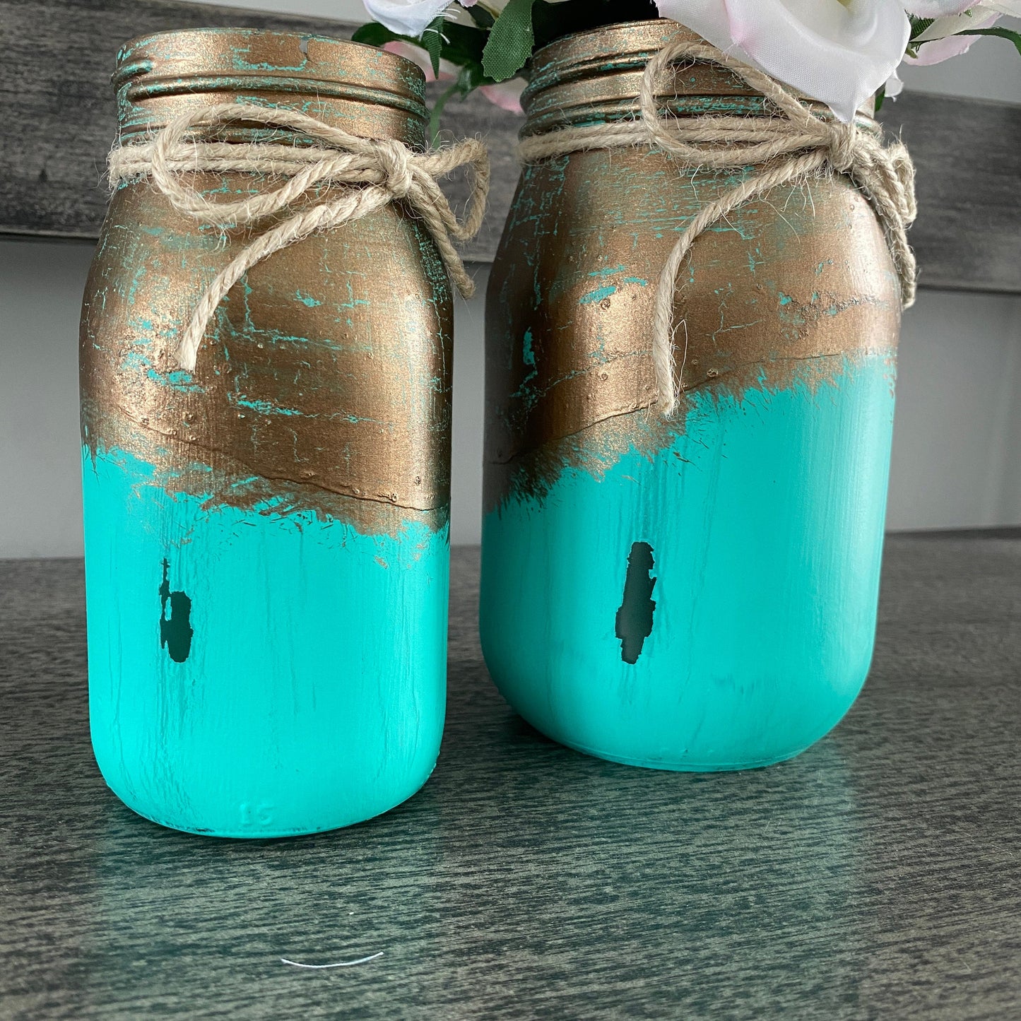 Painted Glass Jars - 2-pc Teal and Gold Glass Jar Set