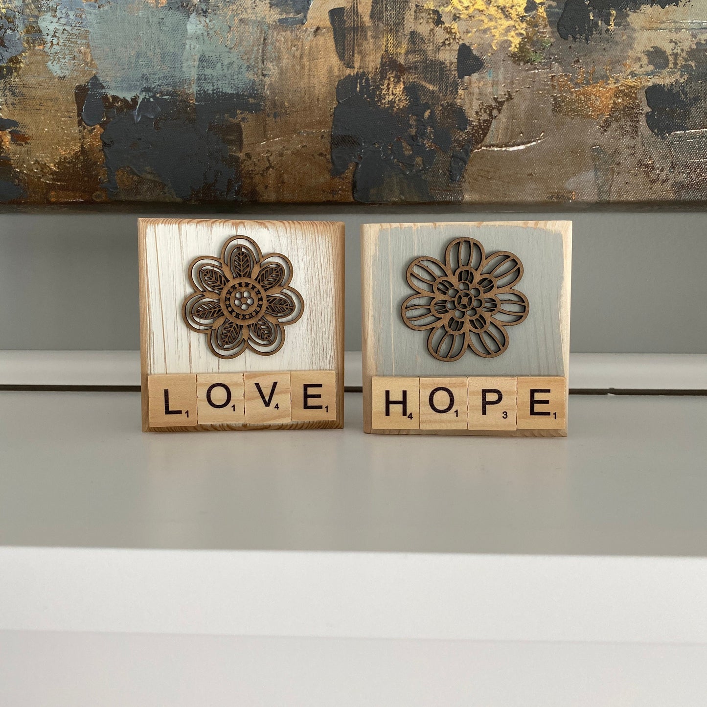 Rustic Flower Letter Tile Decor - Love and Hope Tiered Tray Decor