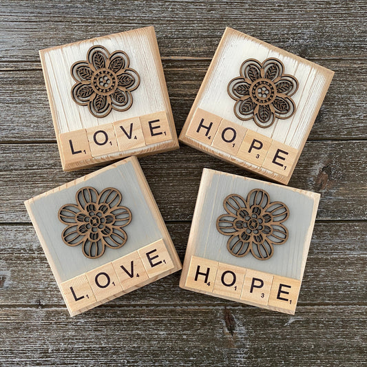 Rustic Flower Letter Tile Decor - Love and Hope Tiered Tray Decor