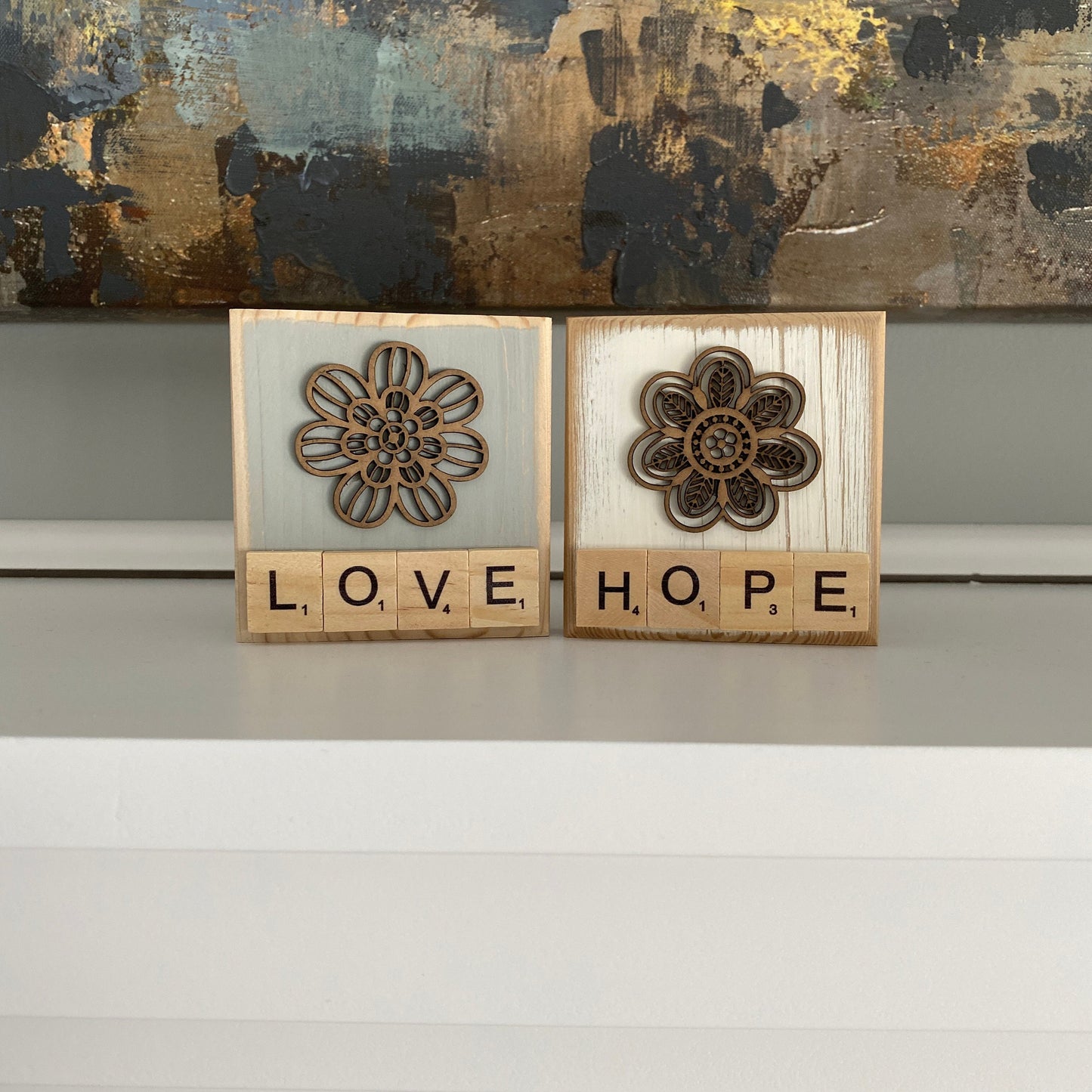 Rustic Flower Letter Tile Decor - Love and Hope Tiered Tray Decor