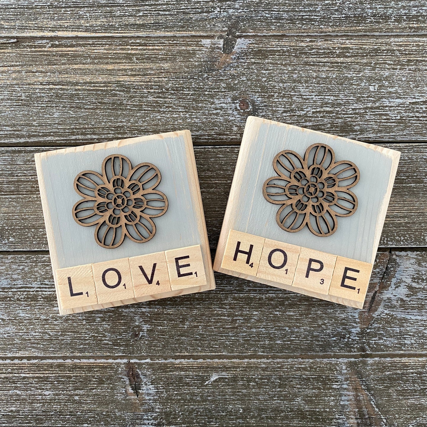 Rustic Flower Letter Tile Decor - Love and Hope Tiered Tray Decor