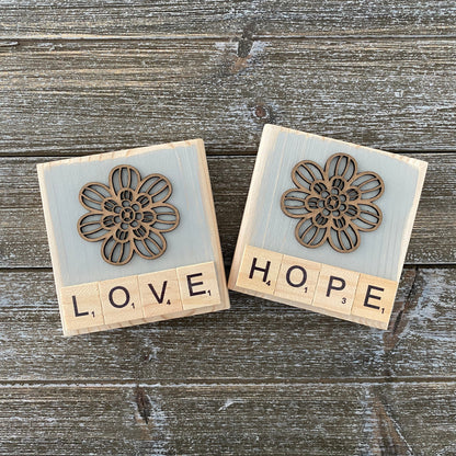Rustic Flower Letter Tile Decor - Love and Hope Tiered Tray Decor