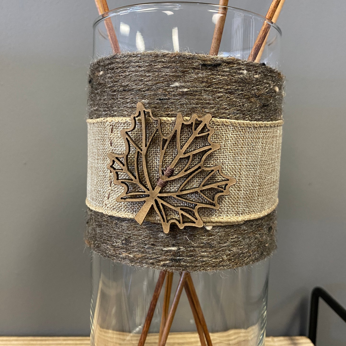 Yarn Wrapped Vase with Maple Leaf