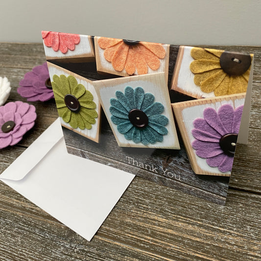 Greeting Cards - 5pc Set of Blank Thank You Cards - Multi Color Felt Flowers